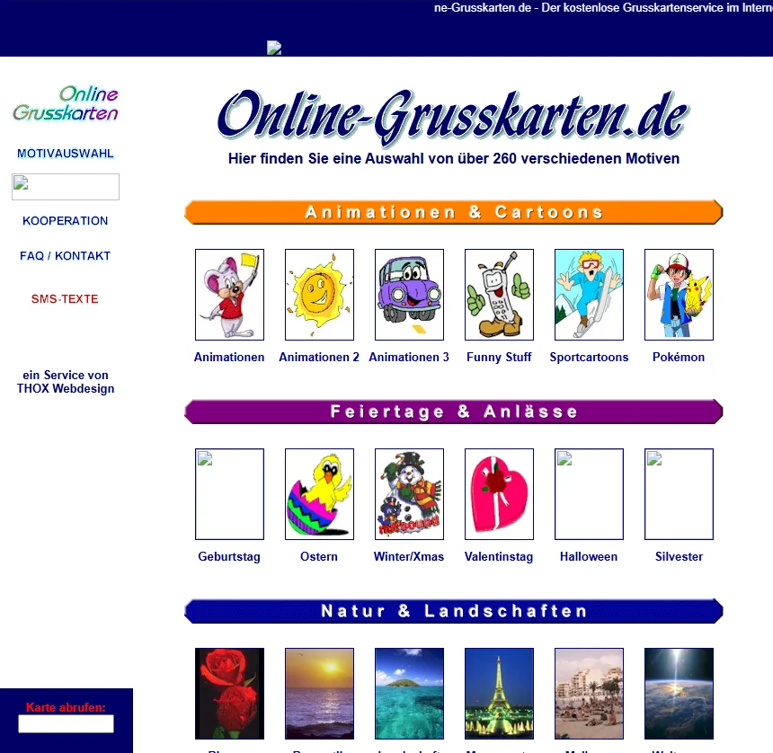 online-grusskarten.de um 2000 mit Motivauswahl für kostenlose Online-Grußkarten