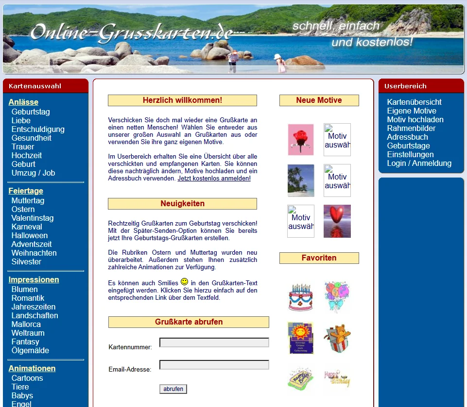 online-grusskarten.de 2006: Grußkarten und persönlicher Benutzerbereich